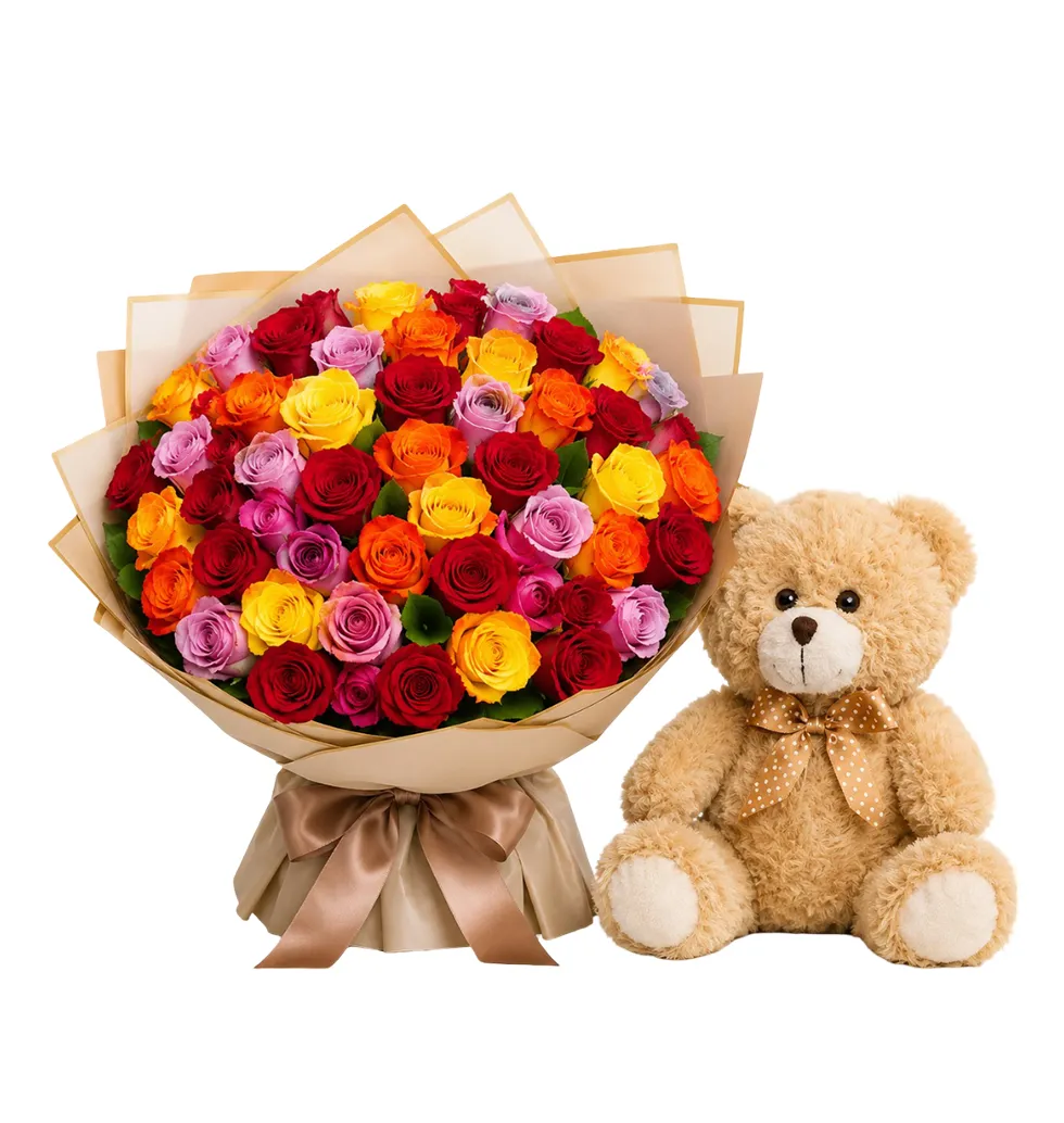 Vibrant Roses with a Cuddly Bear