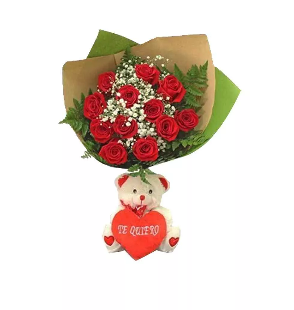 Elegant Red Rose Bouquet with Teddy Bear