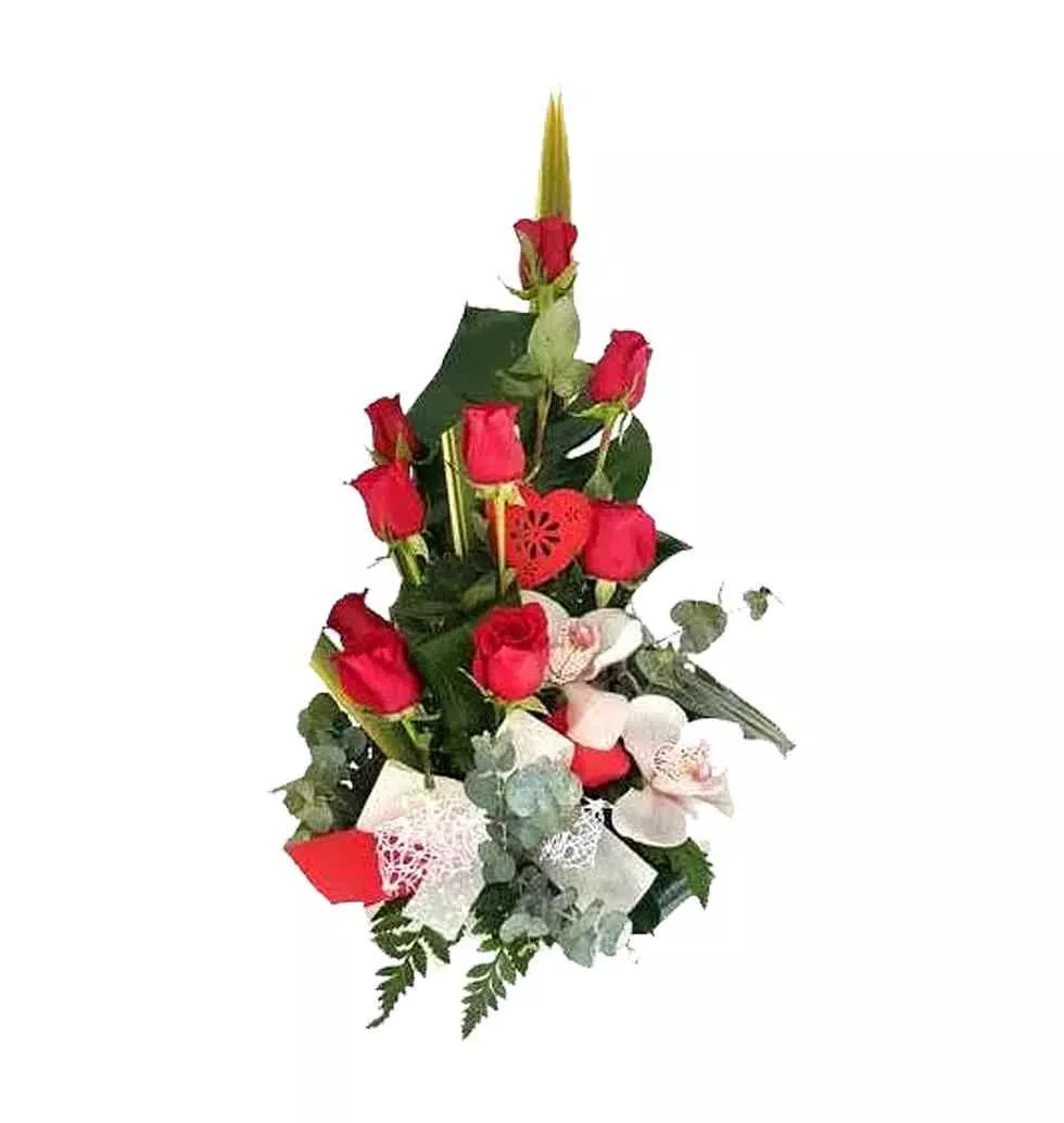 Ever Blooming Red Roses n Orchids Bouquet on Rose Day