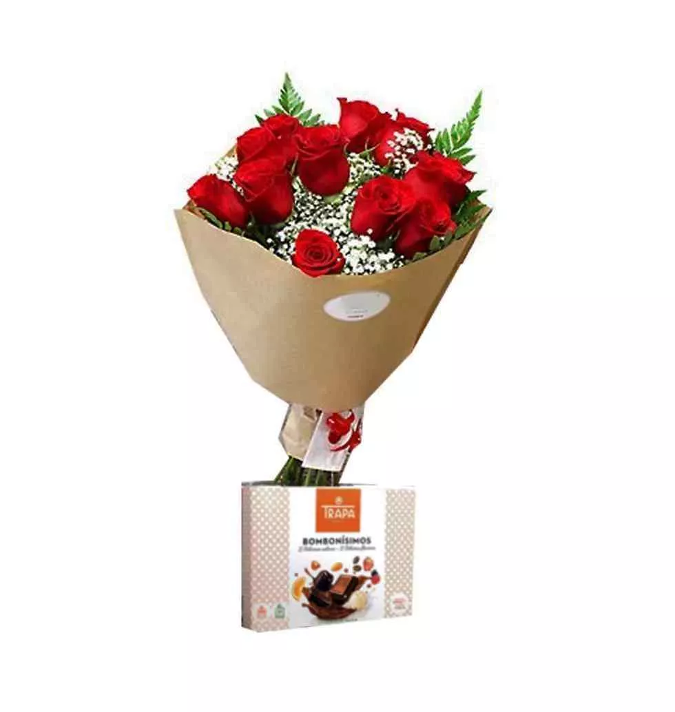 Romantic 12 Red Roses And Chocolate Bouquet