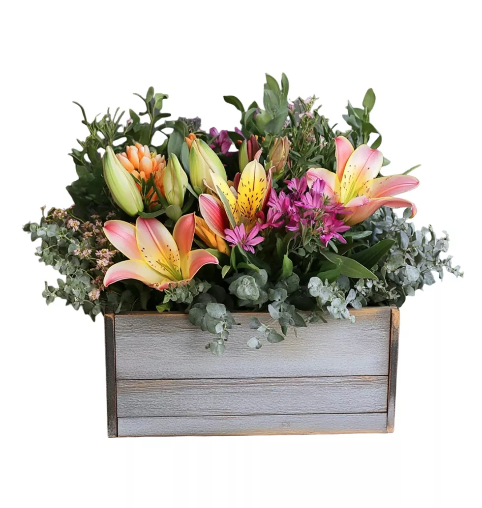 Lilium & Alstroemeria Wooden Arrangement